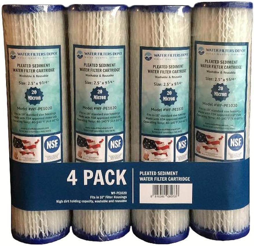 WFD, WF-PE1020 2.5"x9-3/4" 20 Micron Pleated Sediment Water Filter Cartridge, Fits in 10" Standard Size Housings of Undersink RO or Filtration Systems (4 Pack, 20 Micron)
