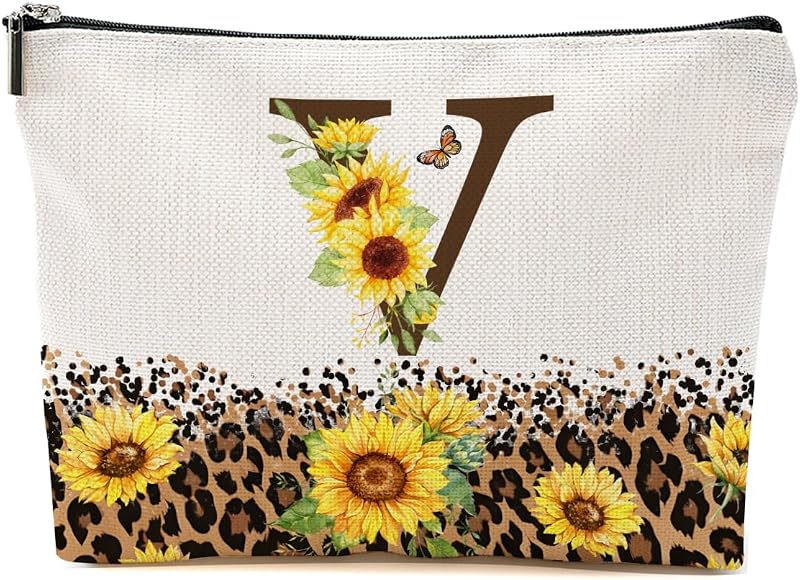 Necessaire de maquiagem BQXH com estampa de girassol e inicial V