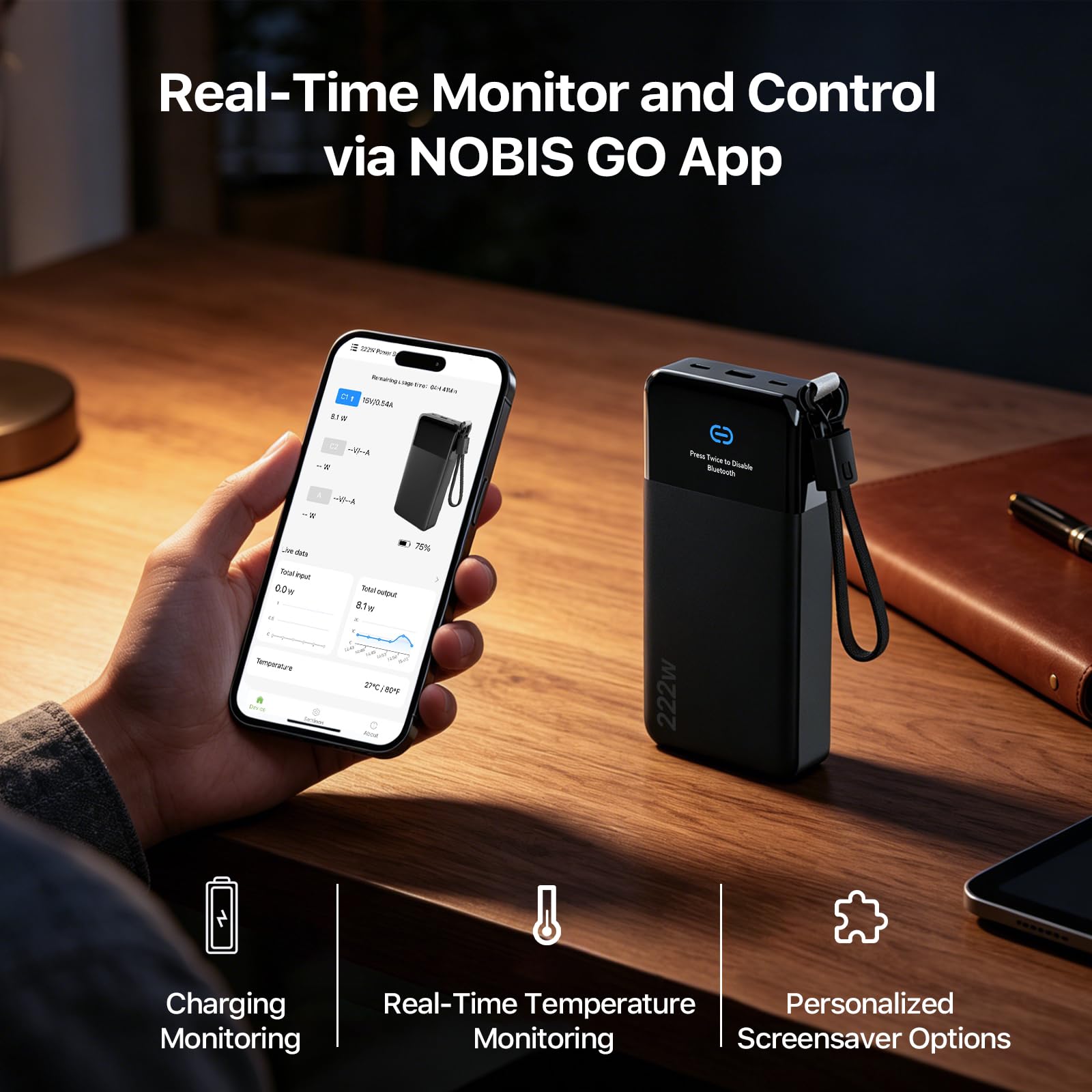 NOBIS Power Bank 222W 25000mAh, przenośna ładowarka z wyświetlaczem cyfrowym, 2 USB-C i 1 USB-A z wbudowaną linką, kompatybilna z laptopem, tabletem, telefonem 17, S25 i słuchawkami