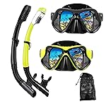 DIPUKI Snorkeling Gear for Adults Snorkel mask Set Scuba Diving mask Dry Snorkel Swimming Glasses Swim Dive mask Nose Cover Youth Diving (Black+Yellow2 Pack)