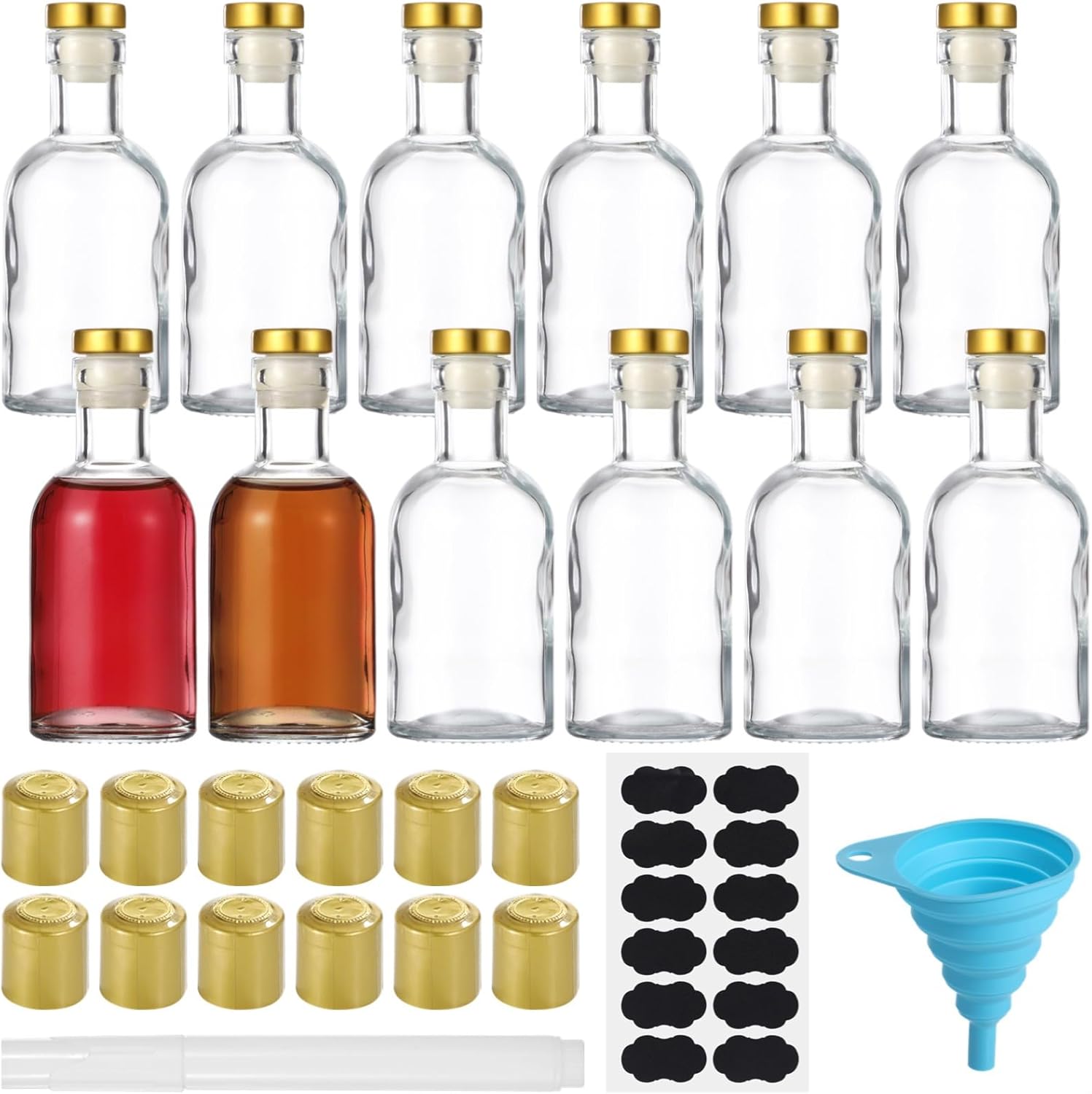 with Heat Retract Caps and T-Top Stoppers, Glass Bottles, 3 Oz Diminutive Wine Glass Bottle Bundle, Glass Liquor Container with Airtight Lid, 12 Pcs Sheer Woozy Glass Bottles for Beer Beverage