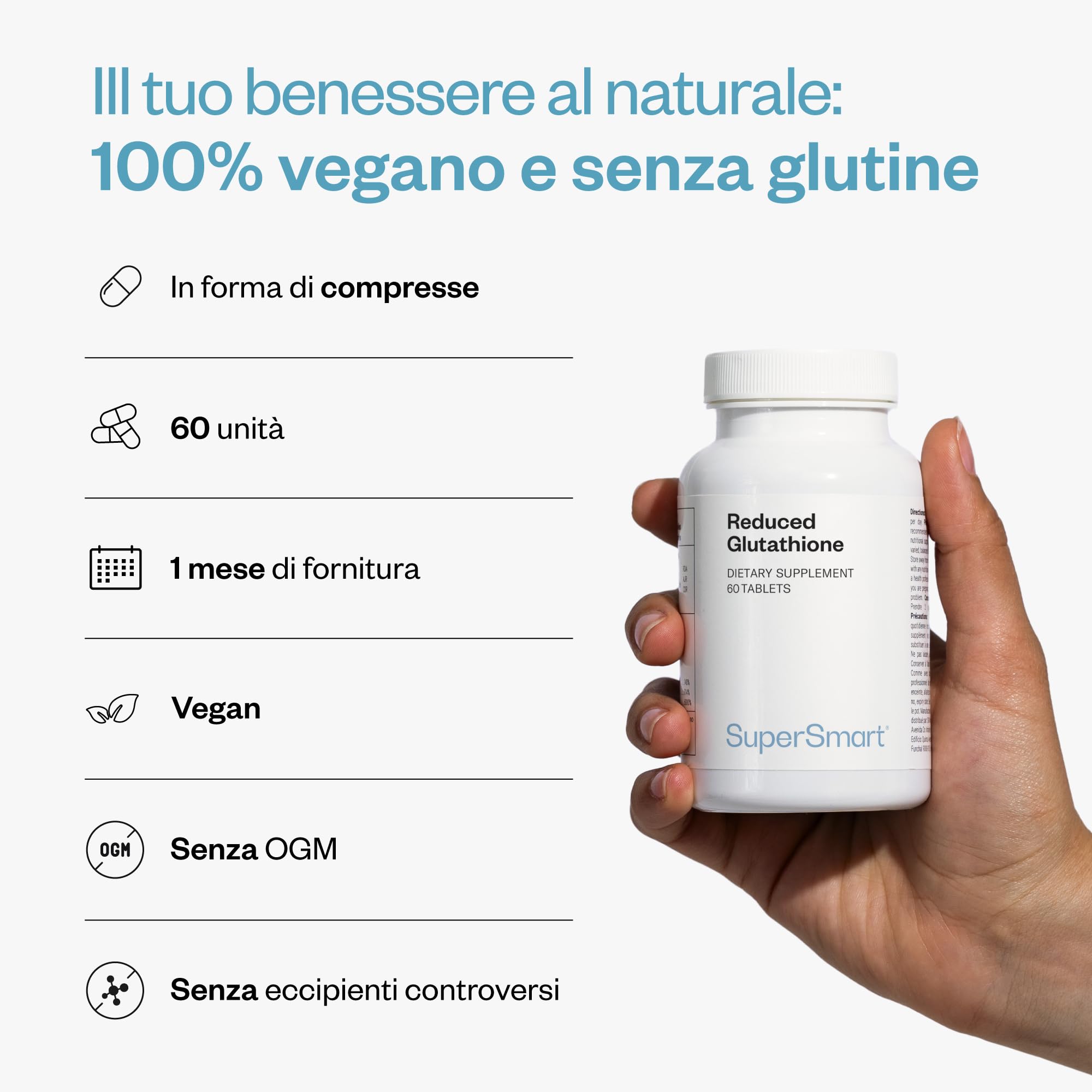 Glutatione Ridotto (GSH) - Antiossidante - Senza Glutine - SuperSmart | Tripeptide formato dagli aminoacidi Cisteina, Acido Glutammico e Glicina - Vegano