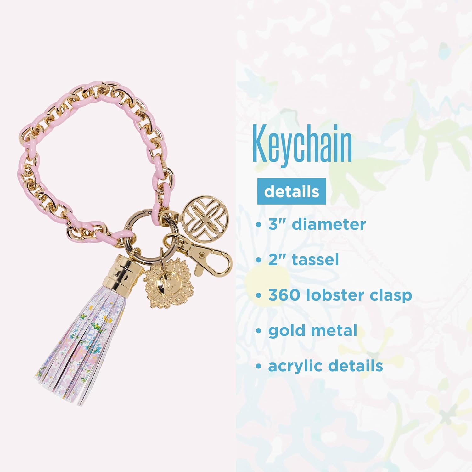 Lilly Pulitzer Chain Link Keychain Bracelet, Keychain Wristlet with Tassel, Cute Key Ring Bracelet for Women (Lilly Garden Home)