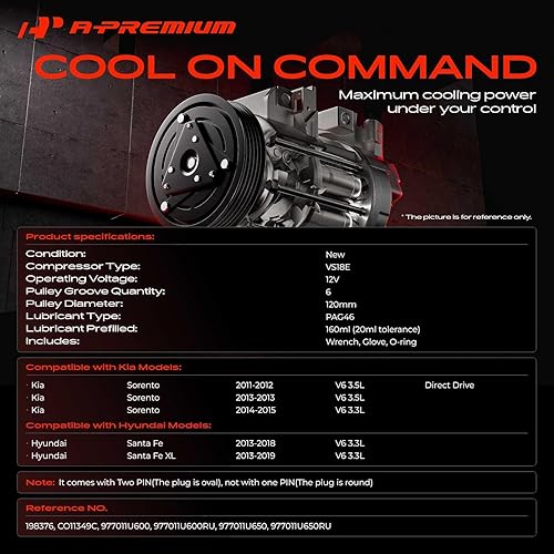 Miniatura 2 de A-Premium Compresor de CA compatible con Kia Sorento 2011-2015 V6 3.5L y Hyundai Santa Fe 2013-2018, Santa Fe XL 2013-2019 V6 3.3L, con embrague