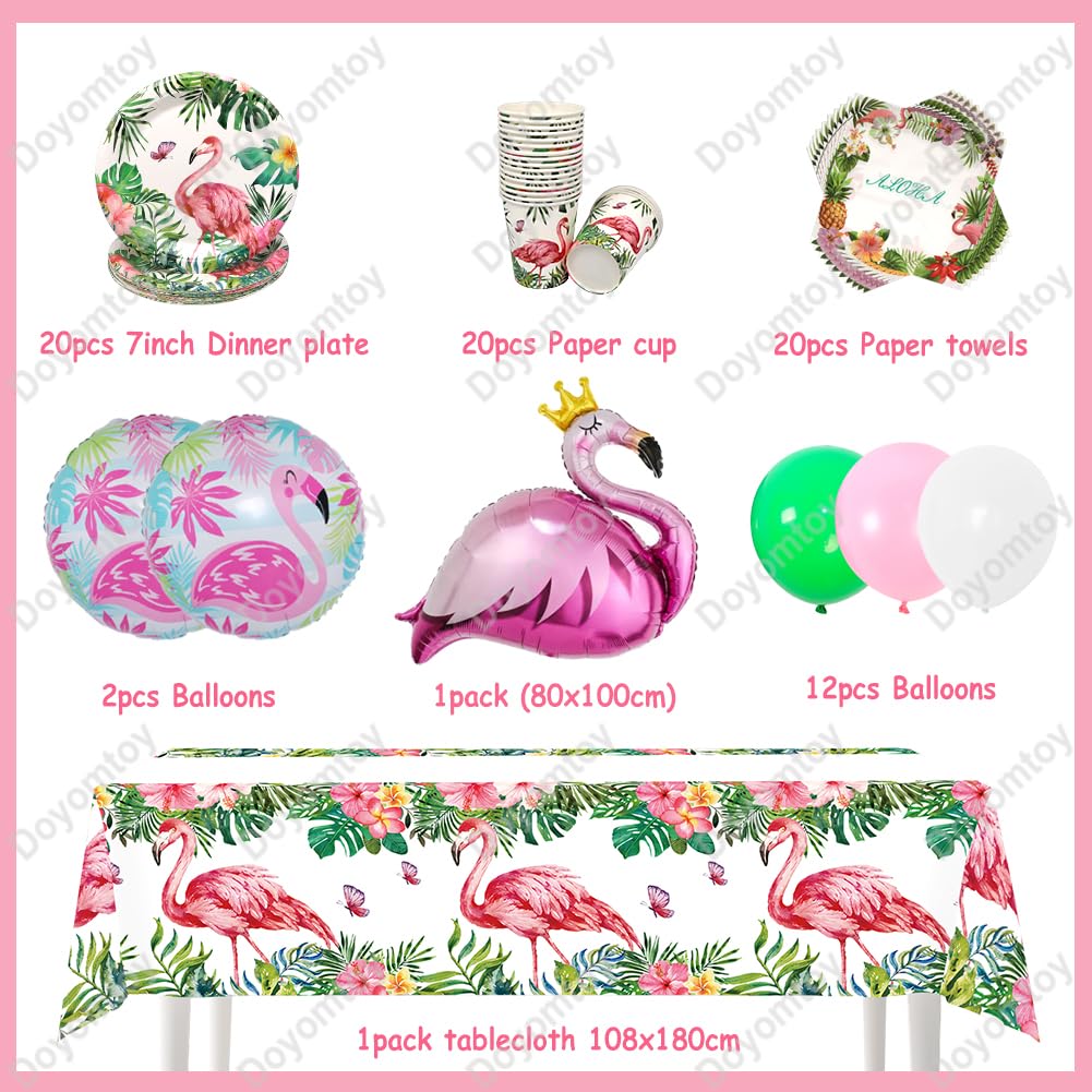 Doyomtoy 76 Pezzi Stoviglie per Feste Hawaiane - Decorazioni Fenicottero, Palloncini, Piatti, Tazze, Tovaglioli per Compleanno e Baby Shower