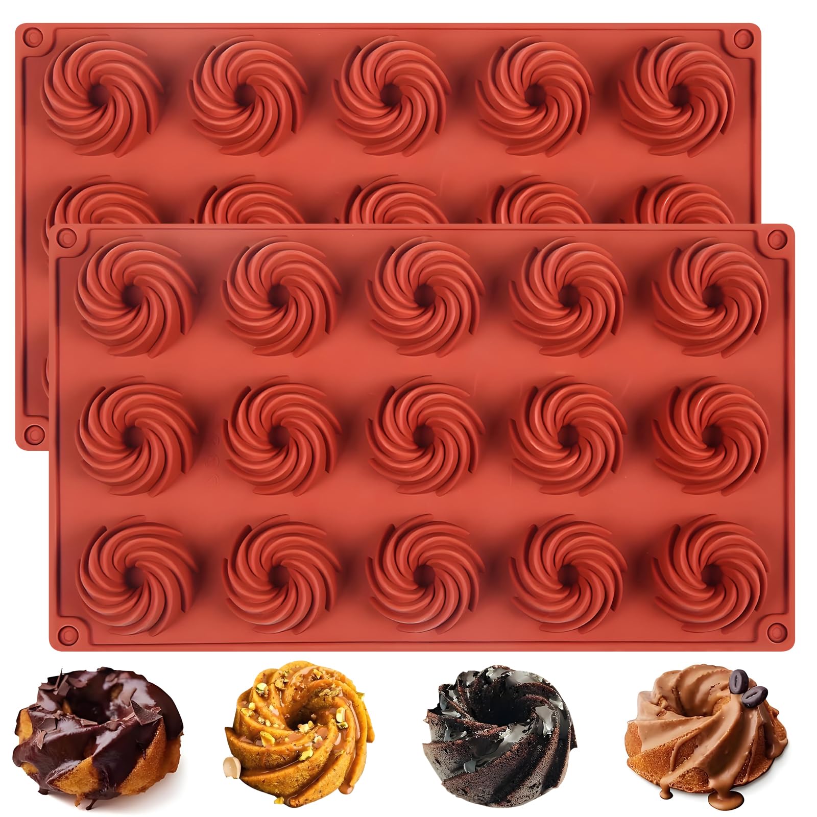 Silikon-Gugelhupfform 15 Mulden Mini-Spiralkuchenform 2er-Pack | 29,2 x 16,8 cm, Terrakotta-Farbe, Für Schokolade & Kuchen, Antihaft-Silikon, Einfaches Herauslösen