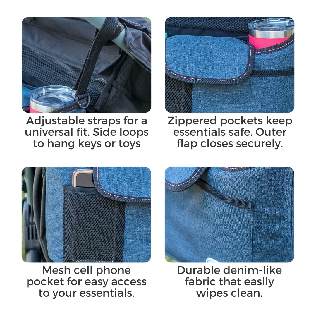 Toddleroo by North States Kinderwagen-Organizer: Universal-Kinderwagen-Caddy mit Getränkehalter, verstellbare Aufbewahrung, Marineblau