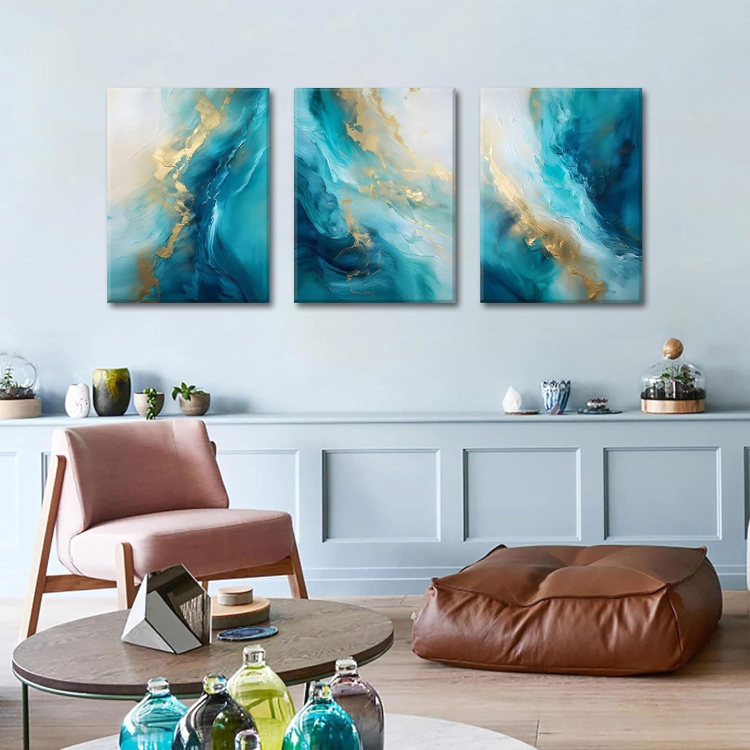 Teal Gold Canvas Wall Art Set of 3 Abstract Aqua Blue Gold Marble Fluid Wall Decor Pictures Neutral Modern Minimalist Posters Prints for Living Room Bedroom Home Decoration 16x24in