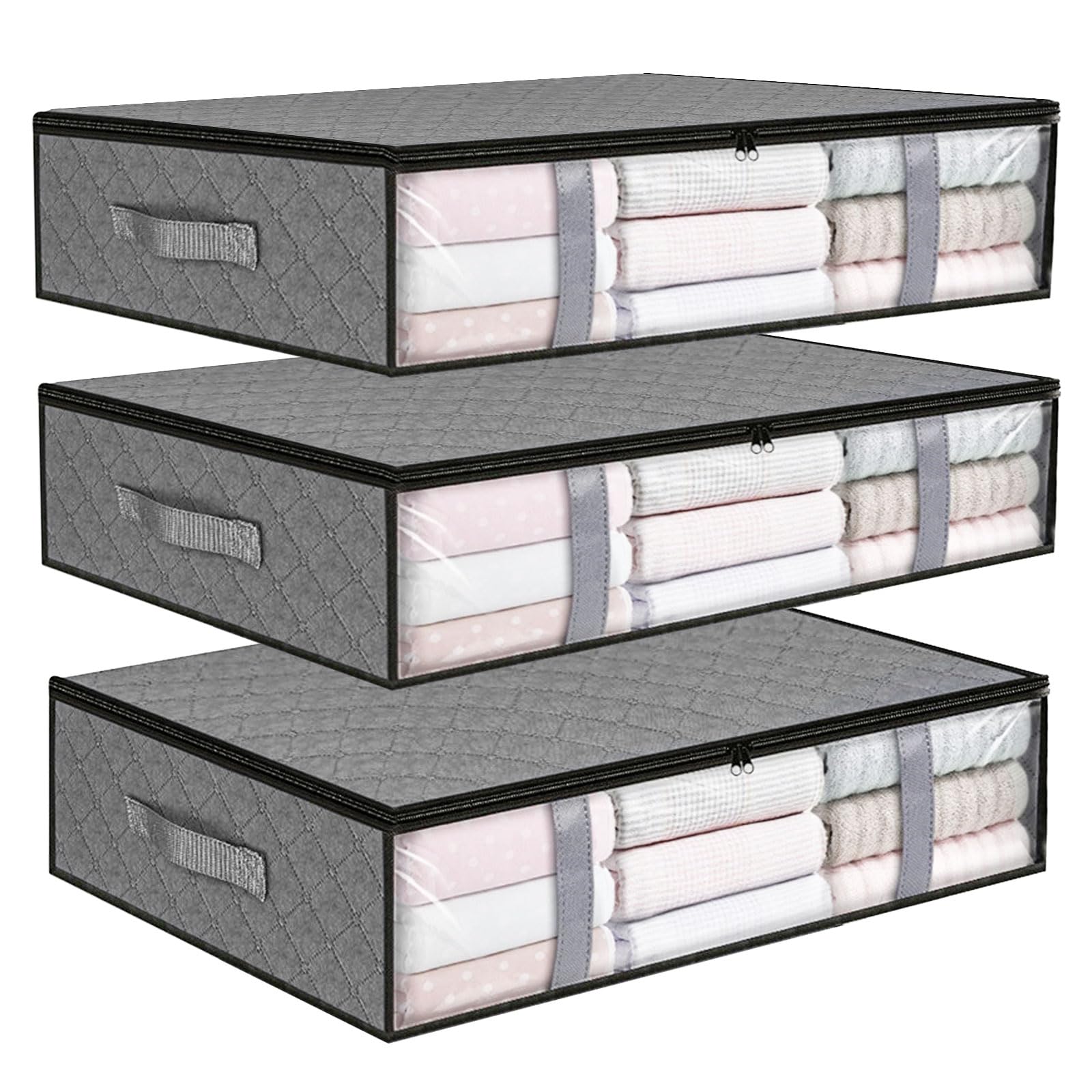 Cecombine Grey Underbed Storage Bags, 3 Pack Foldable Large Underbed Storage Organiser Containers, 40 L Window Fabric Clothes Storage Bags With Zips And Reinforced Handle For Blanket, Comforter, Bedding, Quilts