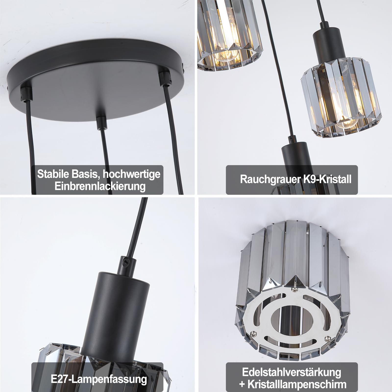 Modern Kristall Pendelleuchte Esstisch Hängelampe Schwarz, 3-flammig Deckenlampe Hängend Wohnzimmer, Glas hängelampe für Schlafzimmer, Küche, Flur, Badezimmer (Aschegrau)
