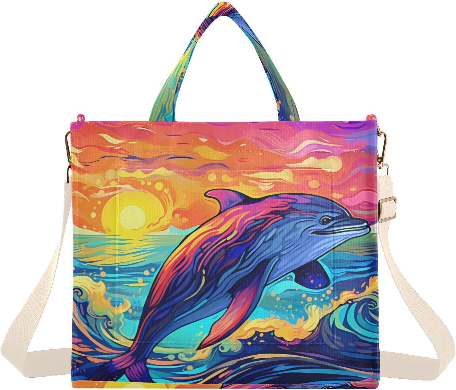 Dolphin Jumping Sea Corduroy Women Tote Bag, Handbag Purse with Detachable Strap Small Size