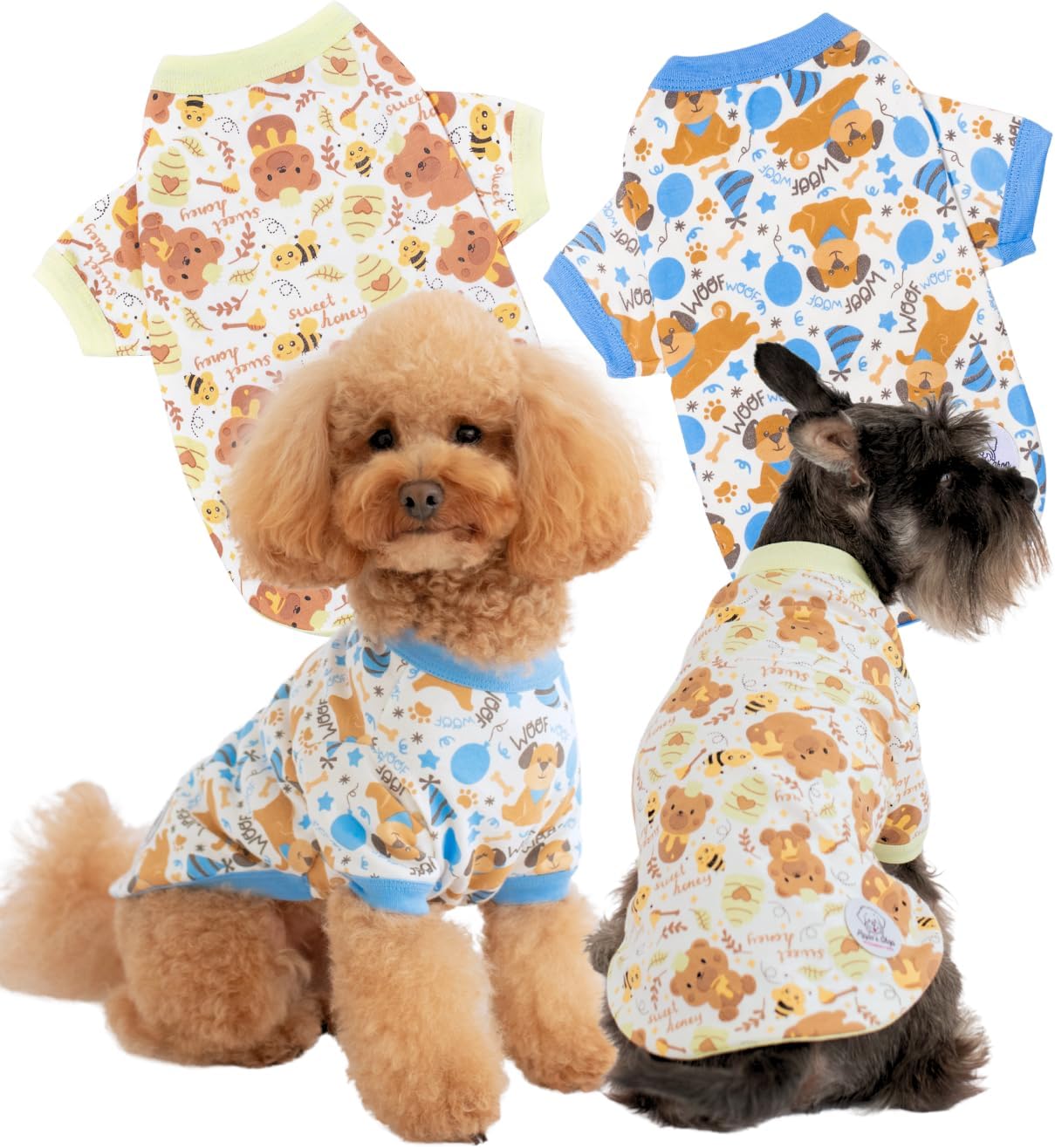 Pippo's Shop 2 Pack Dog Shirt Premium Peru Cotton–Fashionable and Cute, Pet Apparel Lightweight Stretch Puppy Cool Soft T-Shirt Smooth Breathable Clothes (Bee & Pup-Boy Pack, Small)