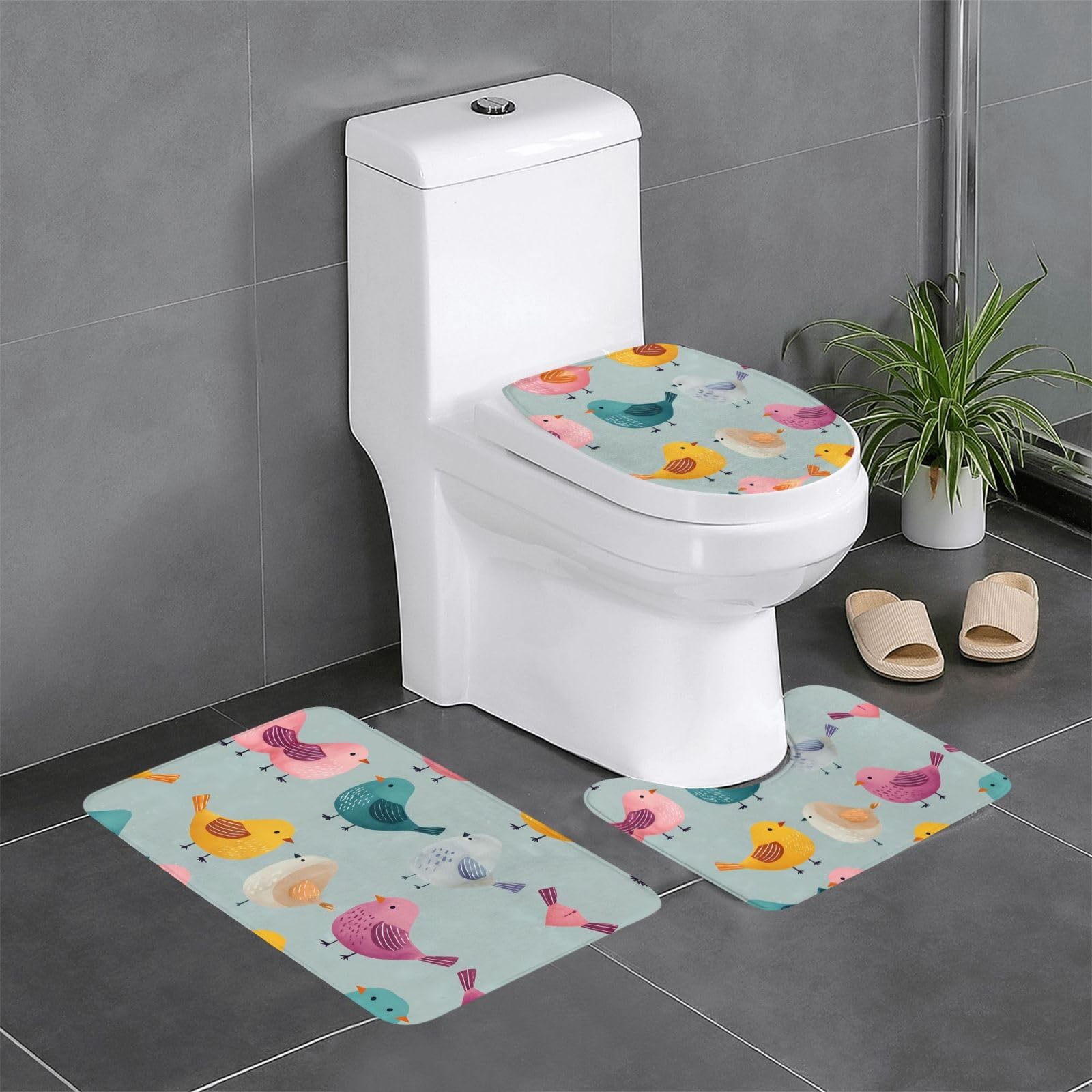 Tapis de salle de bain lot de 3 antidérapants motif oiseaux 61x41 cm pour toilette et lavabo