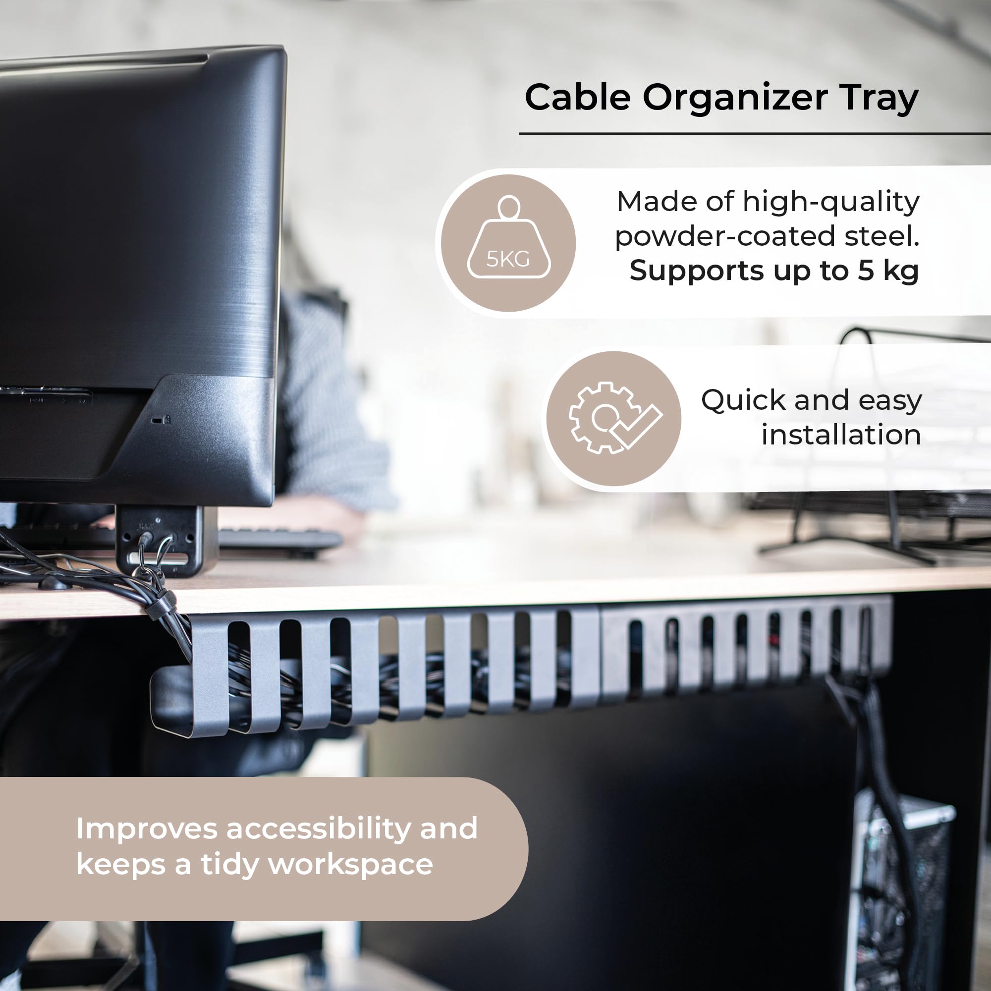 Pack of 2 Desk Cable Organiser - 40x10 cm Cable Trays - Matte White - Ideal for Office Gaming, or TV Desk - Image 4