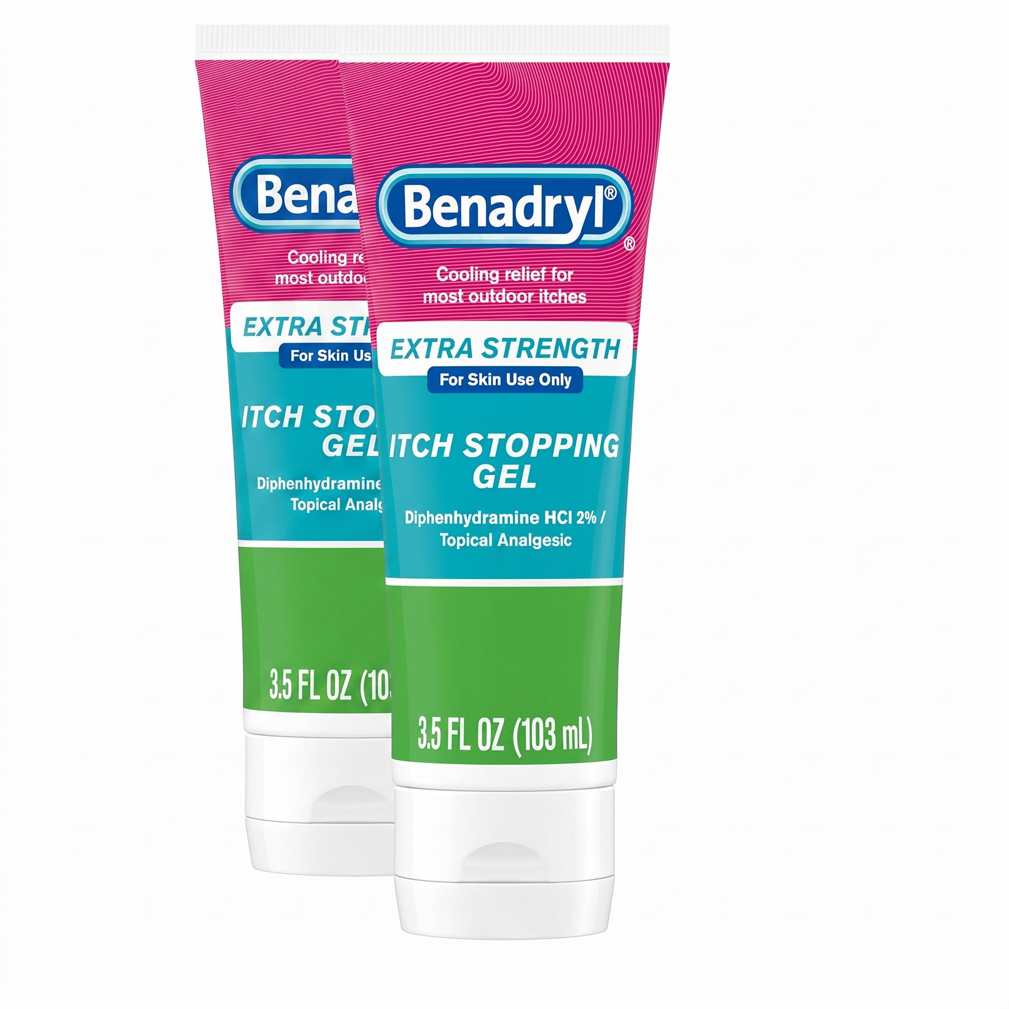 Benadryl Extra Strength Anti Itch Relief Gel, 2% Diphenhydramine HCl, Relief from Insect Bites, Sunburn &amp; More, Great for Camping Essentials, 3.5 fl oz (Pack of 2)