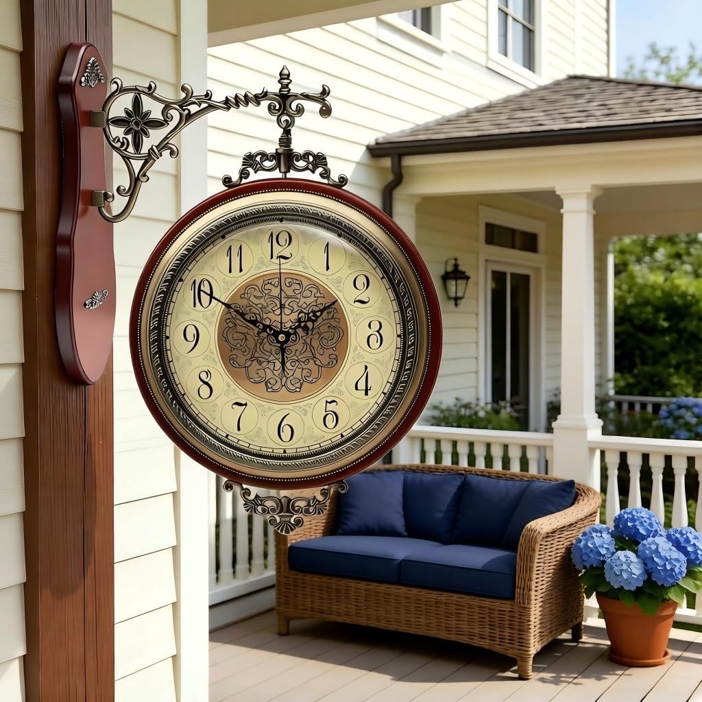 Double Sided Wall Clock , Vintage Style Double Sided Wood Wall Clock 360° Rotating, Non Ticking Silent Battery Operated Antique Clock for Indoor, Outdoor, Living Room, Office, Housewarming Gift