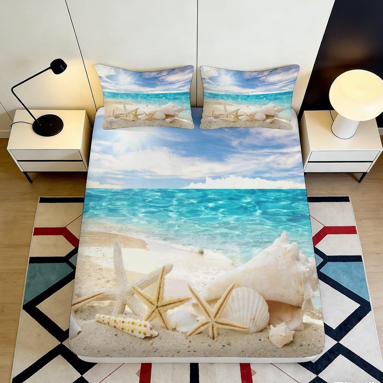 3D Printed Beach Scenery Fitted Sheet Microfiber Non-Slip Deep Pocket Ocean Mattress Fitted Cover Washable Bedroom Use 200x200x25cm