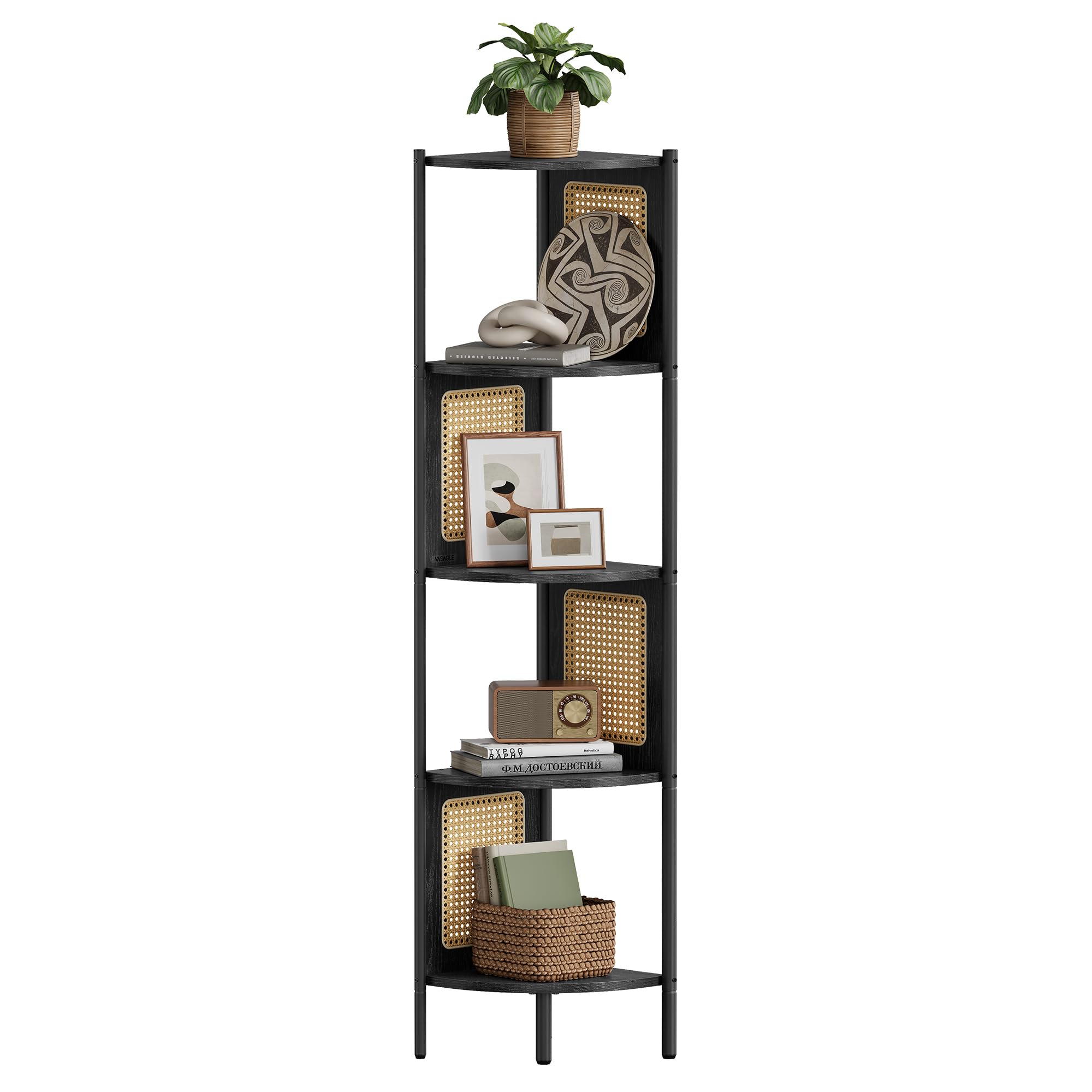 VASAGLE 5-Tier Corner Shelf Ebony Black Boho Polyrattan