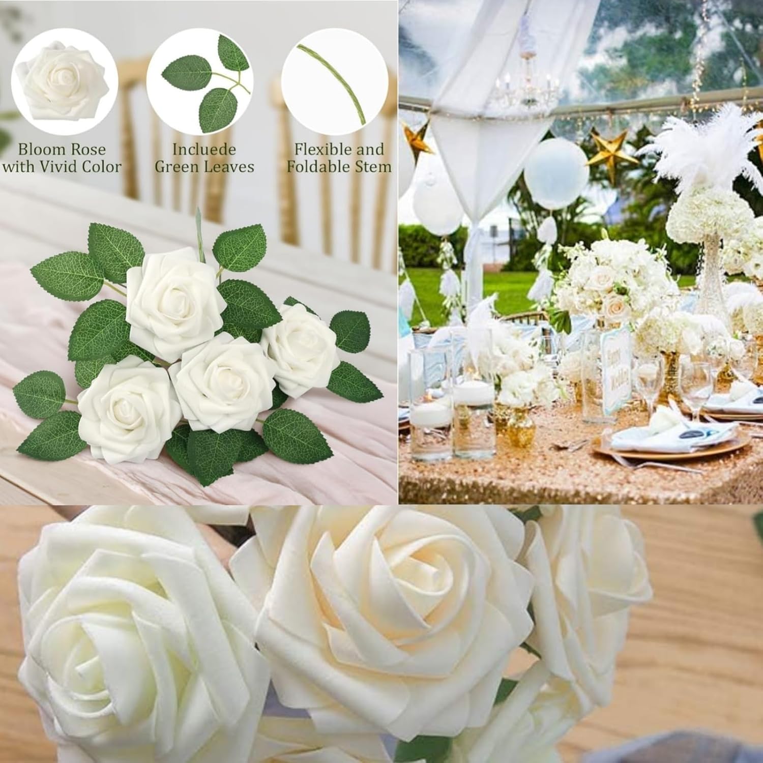 Artificial Flowers Roses with Stems for DIY Wedding Christmas Tree Bouquet Baby Shower Centerpiece Floral Arrangement Party Home Decor Mothers Day Decorations (Champagne, 50)