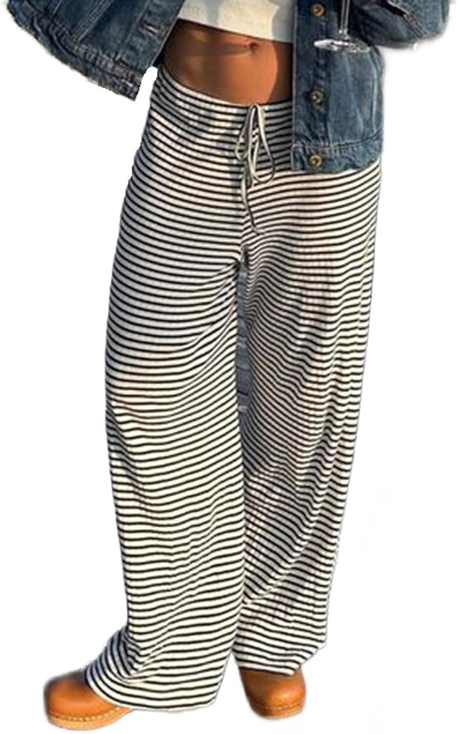 Pnahip Women's Comfy Pajama Loose Casual Drawstring Lounge Pants - Striped Print Stretch Wide Leg