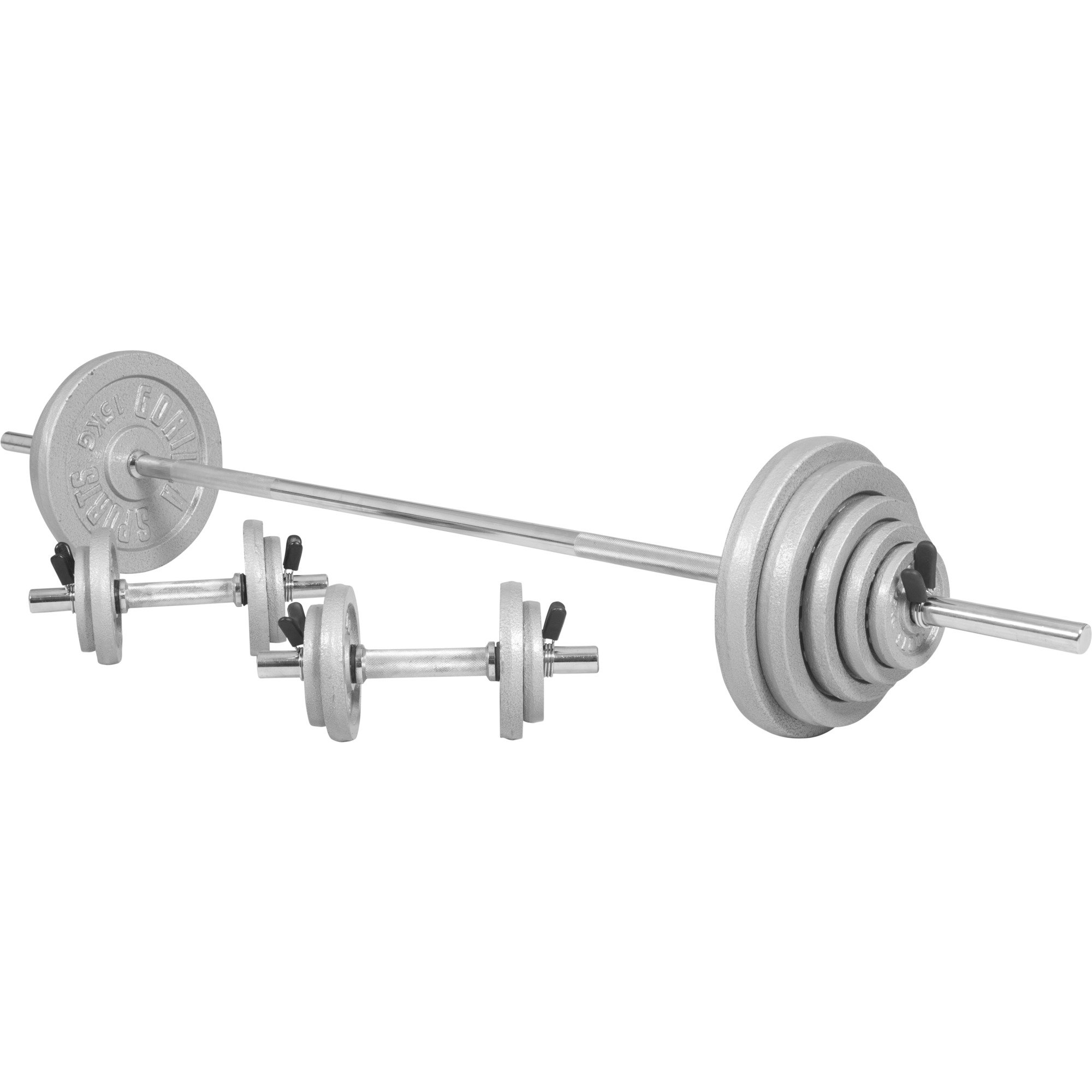 GORILLA SPORTS® Hantelset 100 kg mit Langhantel und 2 Kurzhanteln, 30 mm | Gusseisen-Gewichte, Langhantelstange 170 cm, Kurzhanteln 35 cm und 6 Stern- oder Federverschlüsse für Krafttraining