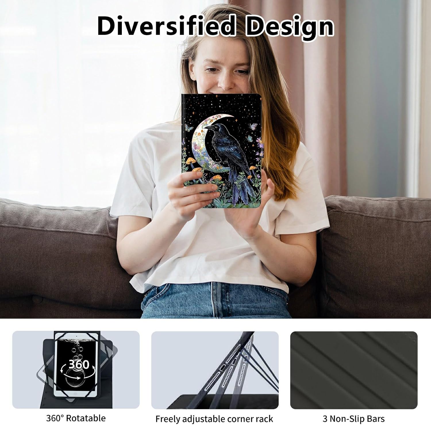Universal 9-10.5 Inch Tablet Case,360 Rotating Folio Stand with Elastic Straps,for iPad 10.2/9.7,Fire HD 10/Plus,Samsung A10.1/A8,Onn 10.1,Revvl Tab 2,Lenovo M10,Crow Moon Cute image 5