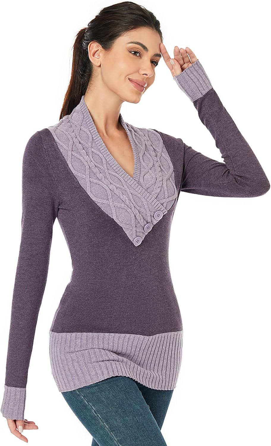 AmélieBoutik Women Crossover Cable Knit V Neck Long Sleeve Pullover Sweater - Image 3