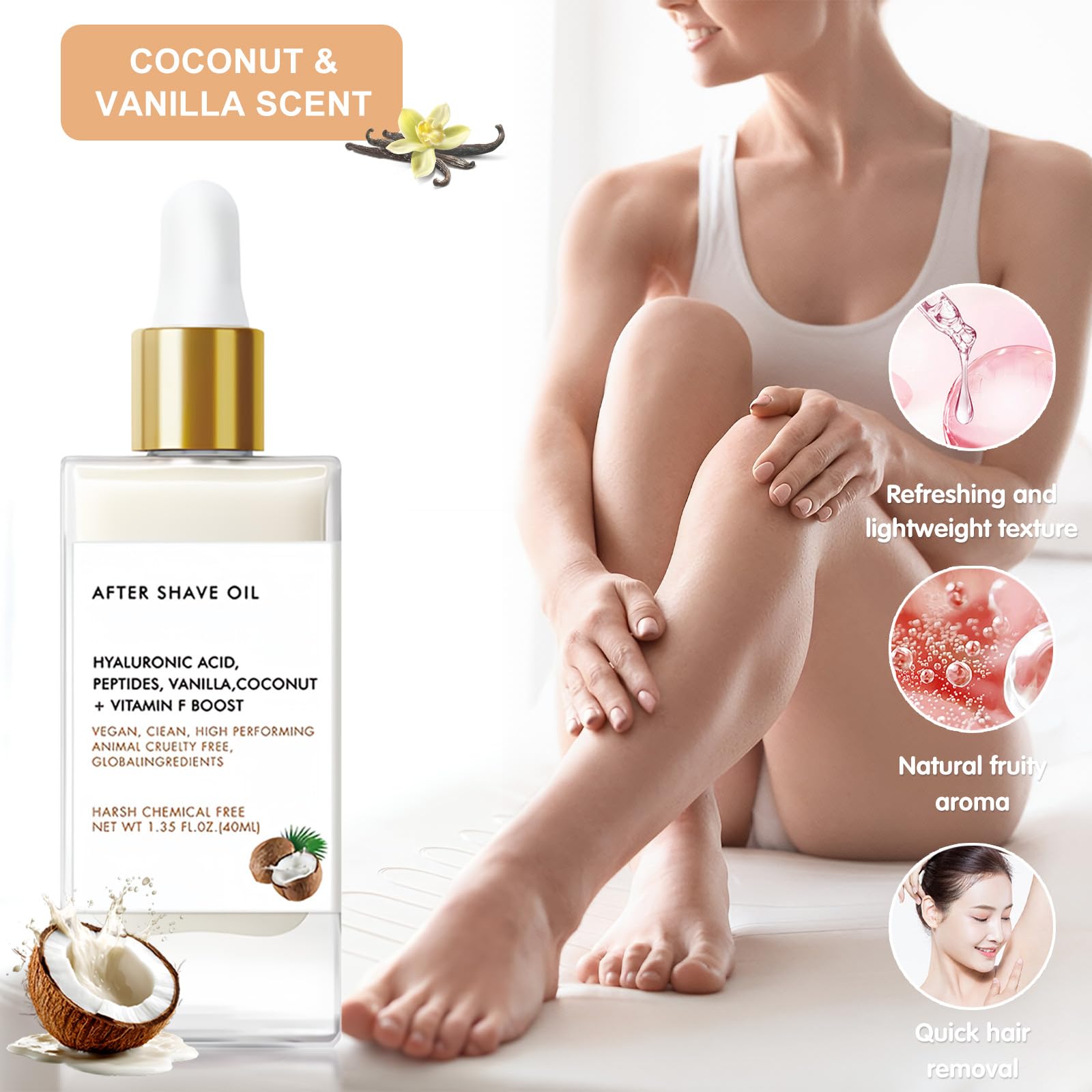 After Shave Oil for Women Coconut Vanilla After Shave Oil for Soothing & Hydrating Skin, Prevents Ingrown Hairs and Dryness - Image 3
