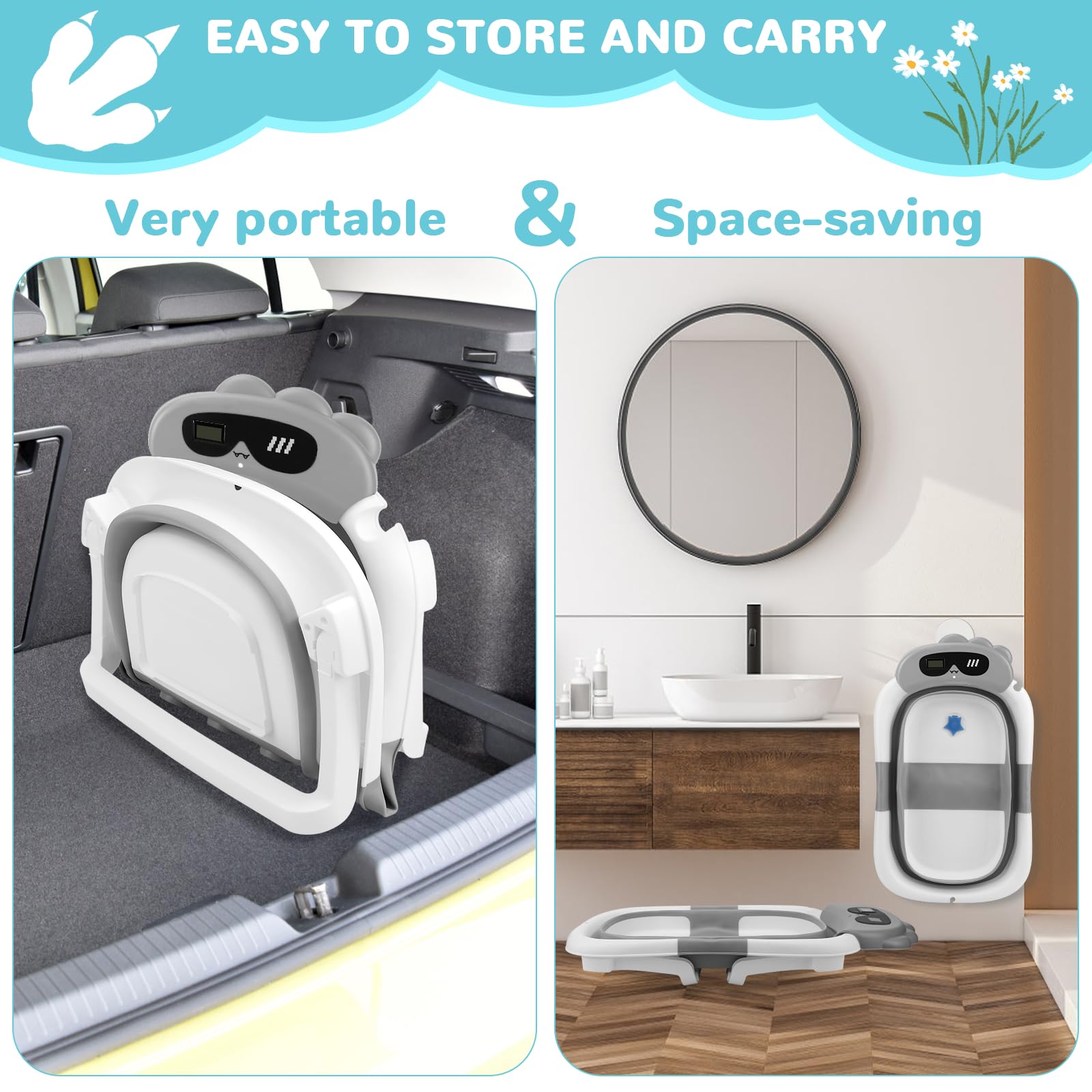 Williyatt Vaschetta da Bagno Pieghevole, Vaschetta Bagnetto Neonato con Indicatore di Temperatura, Vaschetta da Bagno Portatile con Tappetino Antiscivolo, Foro di Drenaggio, per Bambini da 0 a 36 Mesi