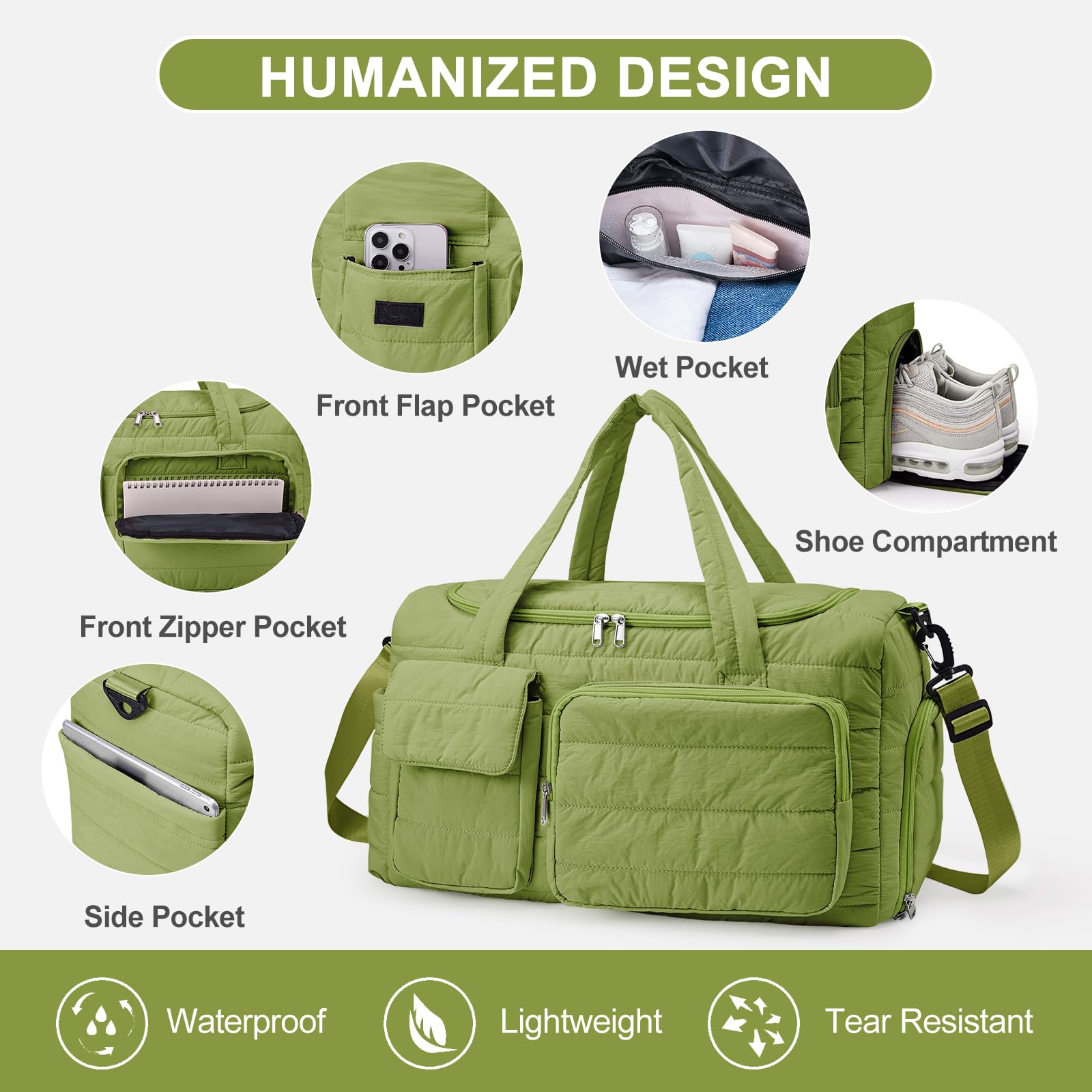 Kleine Sporttasche für Damen, Reisetasche, Handgepäck, Wochenendtasche mit Schuhfach, Grün, Small to Medium, Stylischer Turnbeutel