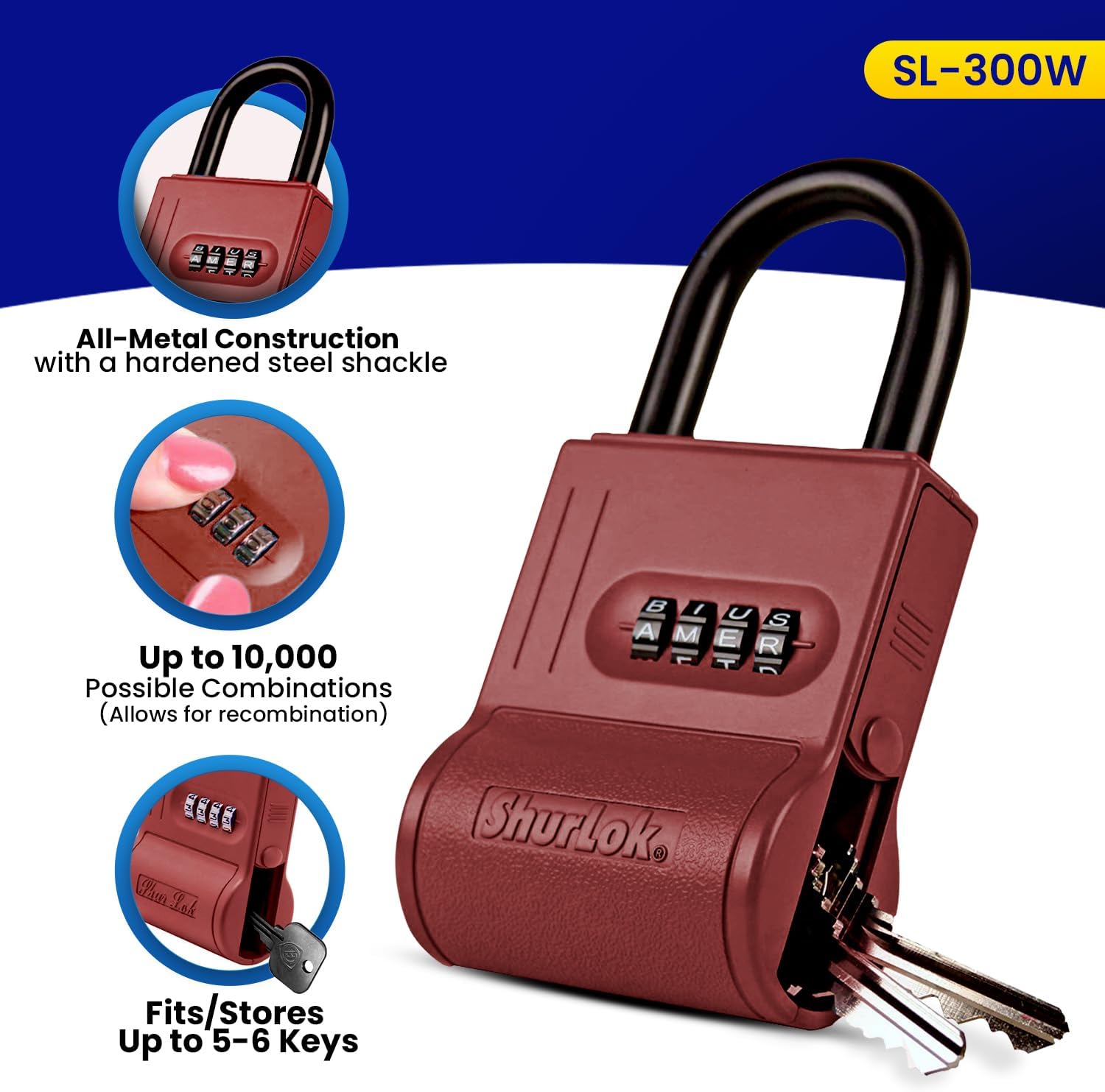SL-300W 4 Dial Numbered Key Storage Combination Lock Box, Burgundy Small, 0.5" w x 0.875" h x 2" deep