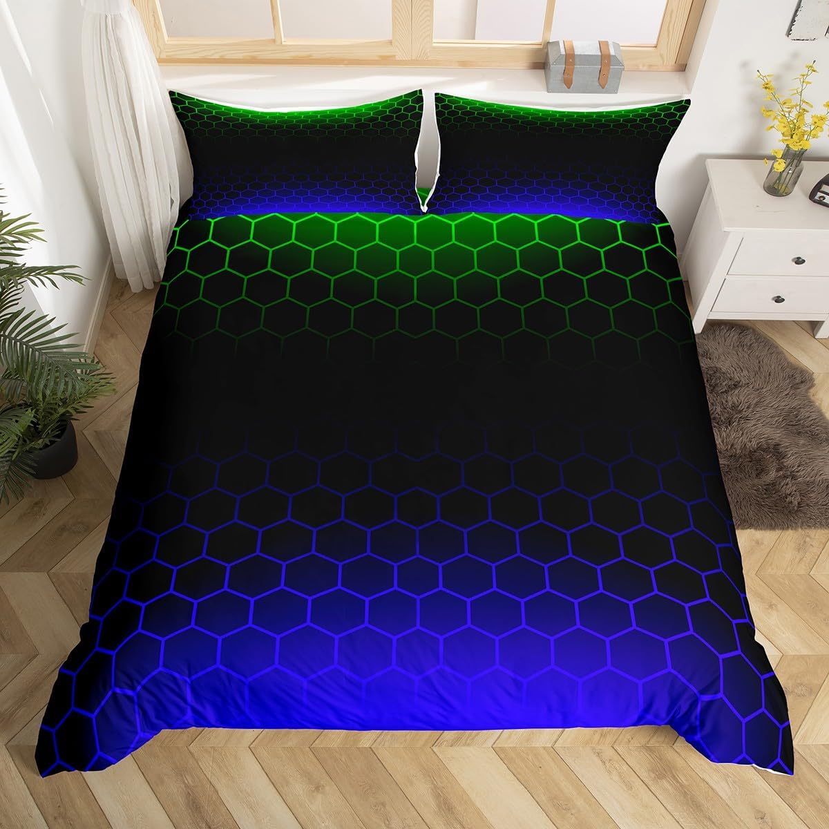 Ombre Honeycomb Bedding Set Queen, Green Blue Ombre Hexagon Duvet Cover Beehive Hexagon Comforter Cover Kids Toddler Stereoscopic Bedspread Cover Bed Set with 2 Pillow Case Multi Mk02 Queen