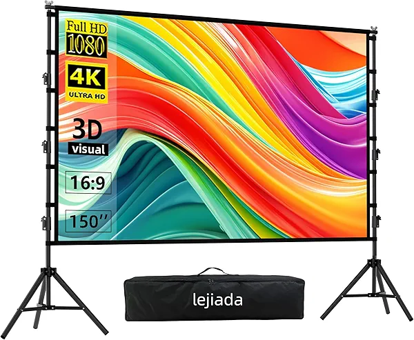 LEJIADA 150'' Portable Projector Screen with Stand, 4K HD Outdoor Movie Screen, 10-Year Exchange
