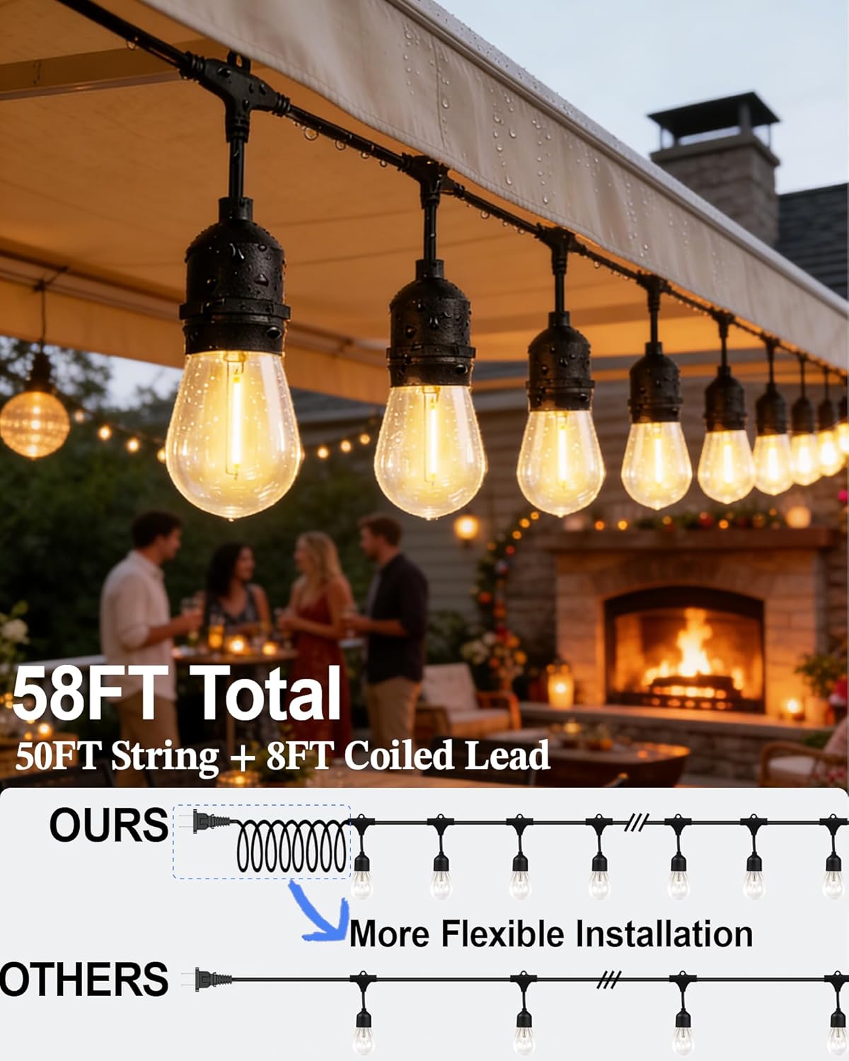 Gmnee 50FT Outdoor String Lights for Patio, Balcony & Porch – 32 LED Edison Bulbs (1.6FT Spacing), Dimmable Heavy-Duty Patio Lights for Backyard, Gazebo, Bistro, Party and Garden Decor (Plug in)