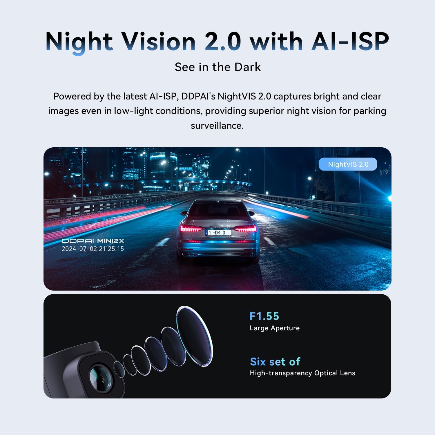 DDPAI MINI2X dash cam night vision comparison, showing improved clarity in dark conditions