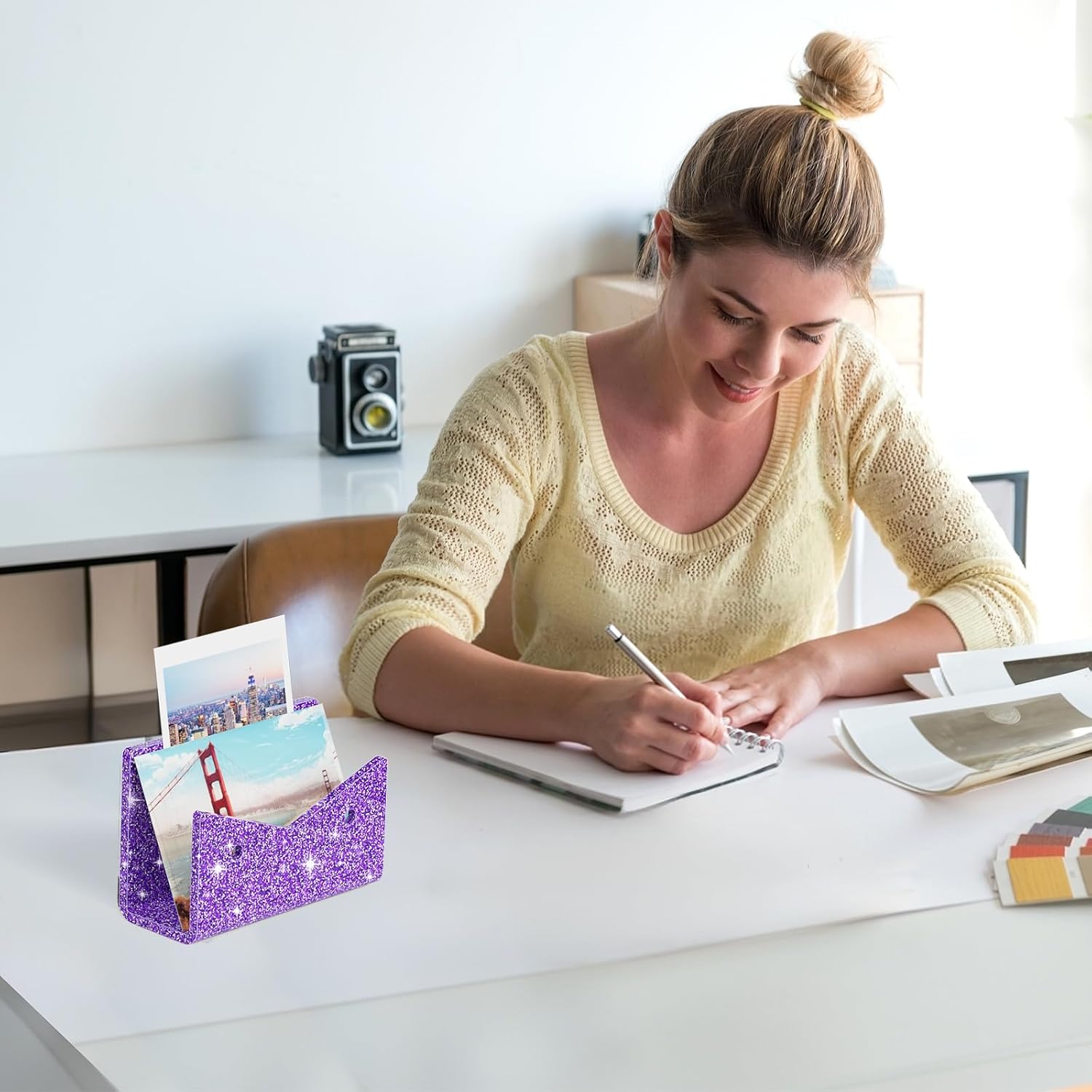 Mail Organizer Envelope Holder - Glitter Purple Acrylic Mail Holder Countertop Vertical Desk Organizer Small File Bill Document Notebook Letter Sorter for Home School Office Supplies image 3