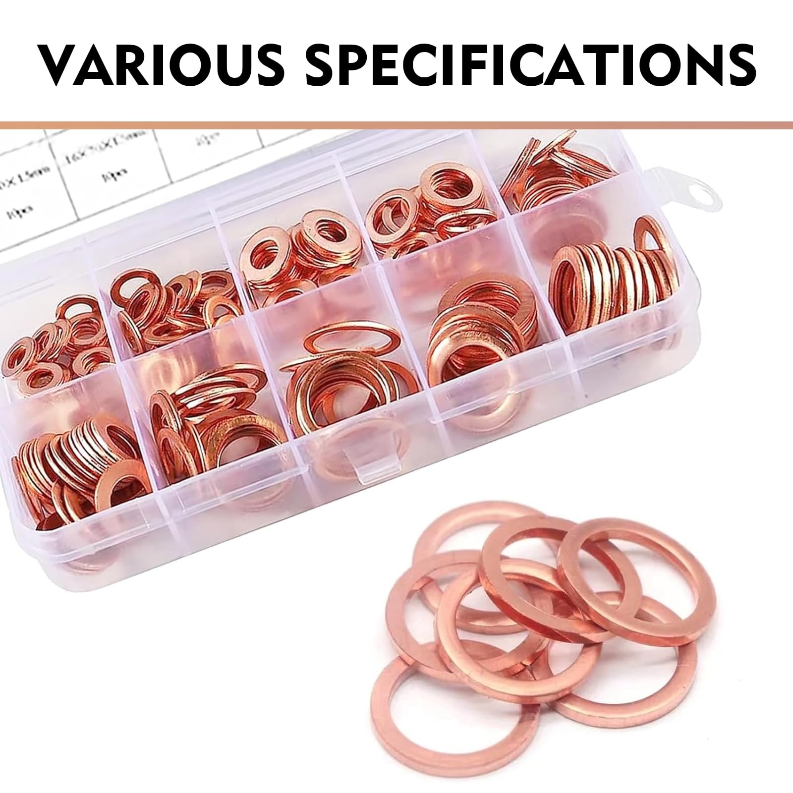 200-Piece Copper Washer Assortment Kit – 9 Metric Sizes (M5 To M14), Flat Sealing Washers, Crush Washers, With Storage Case – For Automotive, Plumbing, Electrical, And Marine Applications