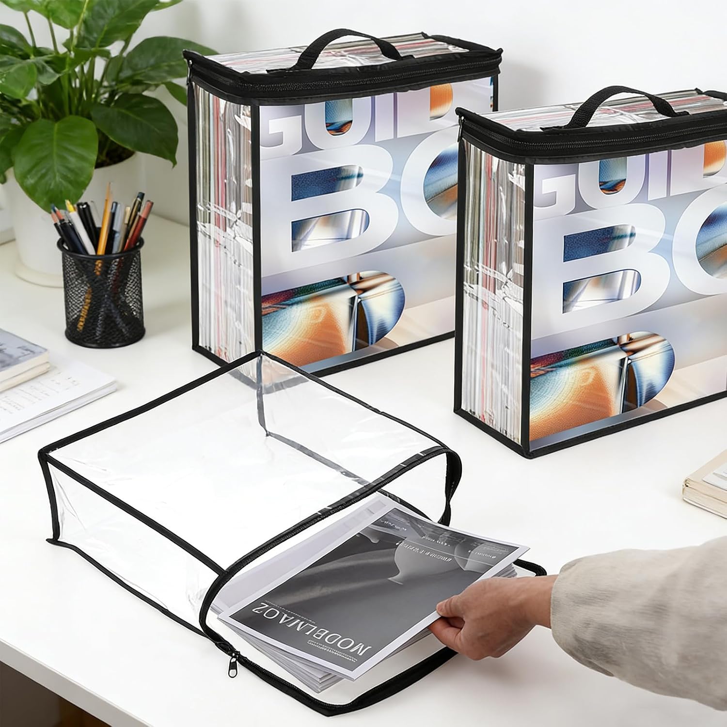 HFYZZ 6 Pack 12x12 Inch Scrapbook Paper Storage Organizer, Clear Black Expanding Paper Folio Paper Storage Bags with Portable Handle for Scrapbooking,Vinyls, Photos, Files, Cardstock