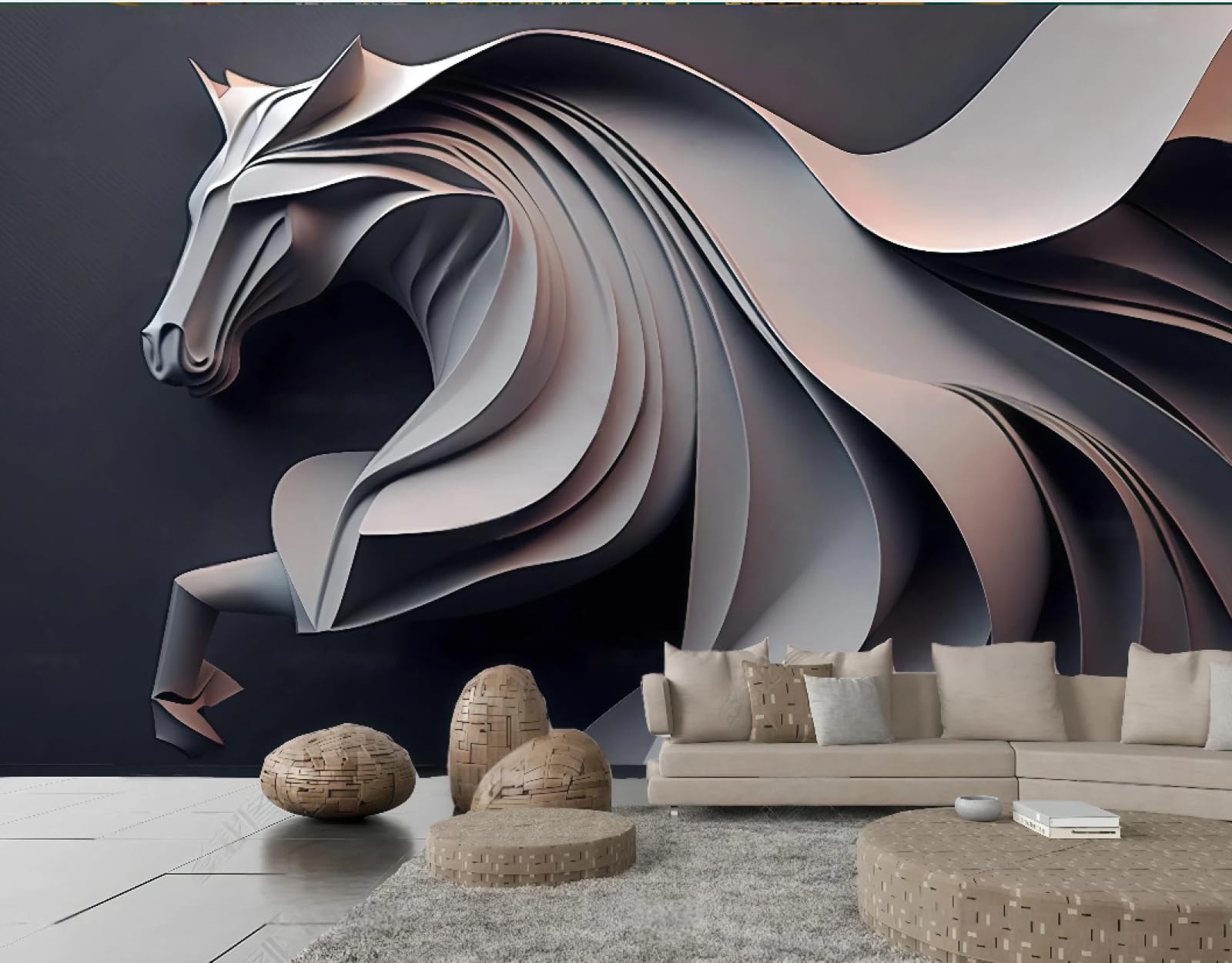 Papier peint relief de cheval sauteur pour mur salon terne