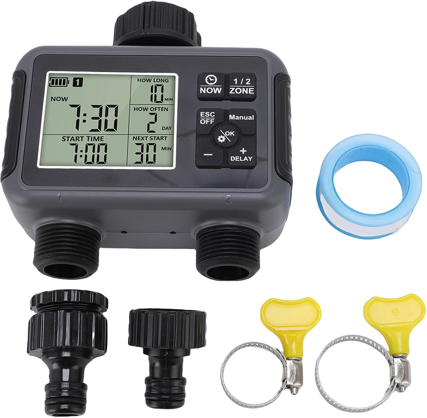 LCD Display Automatic Irrigation Timer 2 Zone Watering Timer for Outdoor Garden Courtyard