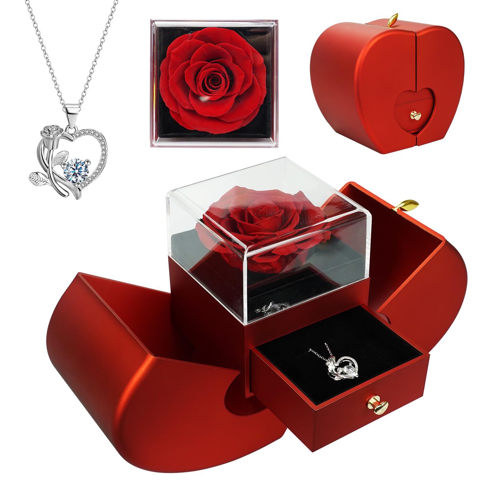 Collana Con Rosa Eterna Rossa Stabilizzata E Ciondolo Cuore – Idea Regalo
