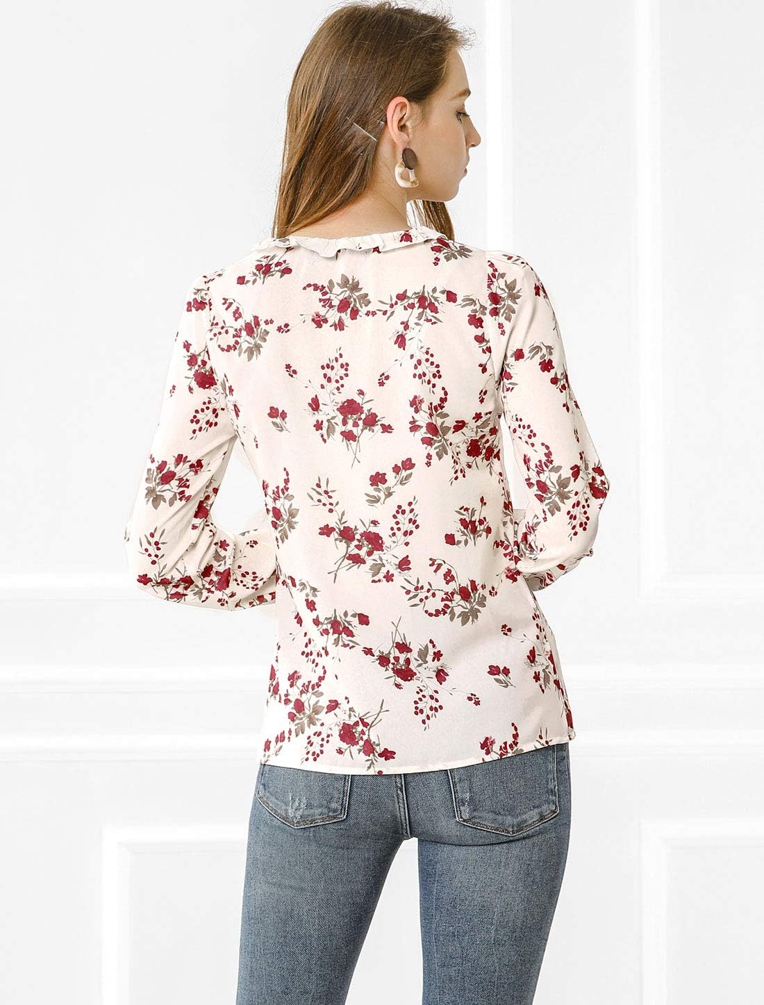 Allegra K Women's Ruffed Neck Long Sleeve Tie Neck Keyhole Front Chiffon Floral Blouse - Image 5