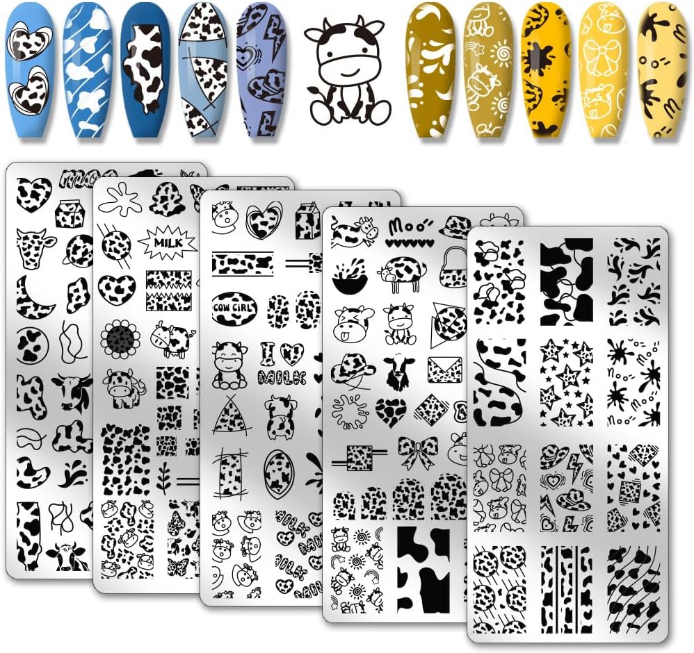 PH PandaHall 5pcs Cow-Theme Nail Stamping Plates Cute Animal Nail Art Templates Cow Spots Nail Art Stencils Nail Image Plates Leopard Print Nail Stamp for Women Nail Design Manicure Salon 4.7x2.3 Inch