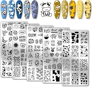 PH PandaHall 5pcs Cow-Theme Nail Stamping Plates Cute Animal Nail Art Templates Cow Spots Nail Art Stencils Nail Image Plates Leopard Print Nail Stamp for Women Nail Design Manicure Salon 4.7x2.3 Inch