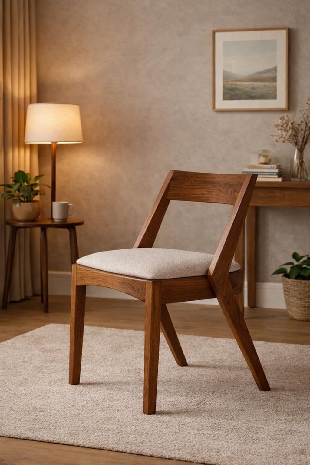 Solid Wood Designer Dining Chair | Premium Wooden Chair with Cushioned Seat | Modern Mid-Century Style Chair for Dining, Living Room & Study (Natural Finish)-image-34