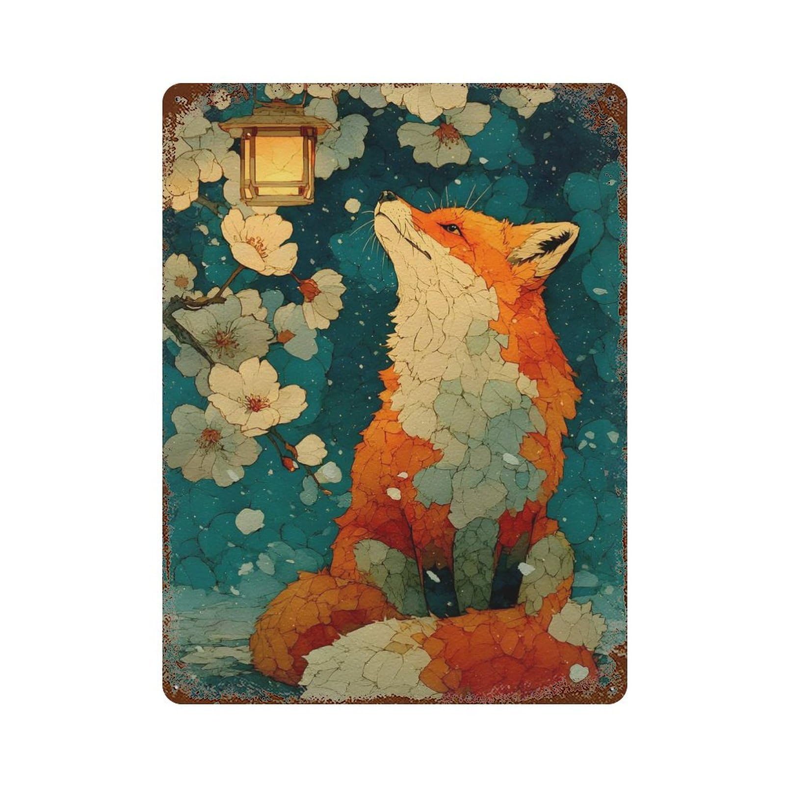 Fox Under Lantern with Cherry Blossoms Vintage Wall Sign 15.7"x11.8", Rust Effect Metal Decor for Shed, Workshop And Garage Wall Decor