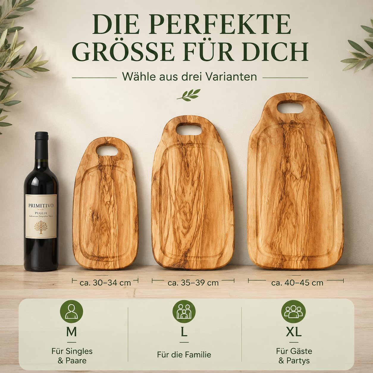 Olivenholz Steakbrett mit Saftrille - Personalisiertes Schneidebrett mit Grifflasche für Steak, Fleisch, Grill & BBQ (44-49 cm)