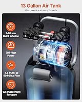 Vista 2 de VEVOR Compresor de aire de 13 galones, 2 HP, 4.6 SCFM a 90 PSI, tanque sin aceite, funcionamiento silencioso de 66 dB, ideal para inflar neumáticos