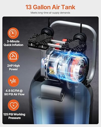 Miniatura 2 de VEVOR Compresor de aire de 13 galones, 2 HP, 4.6 SCFM a 90 PSI, tanque sin aceite, funcionamiento silencioso de 66 dB, ideal para inflar neumáticos