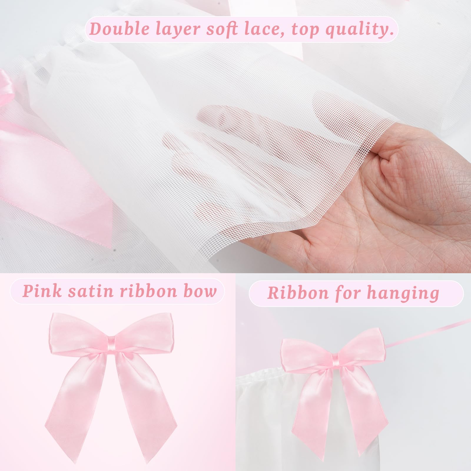 Schleife Girlande Banner, Rosa Schleife Geburtstag Party Dekorationen, 1,6 m Spitze und Satinband Schleifen Hängendes Banner mit 7 Schleifen für Kokette Geburtstag Bachelorette Party Hochzeit